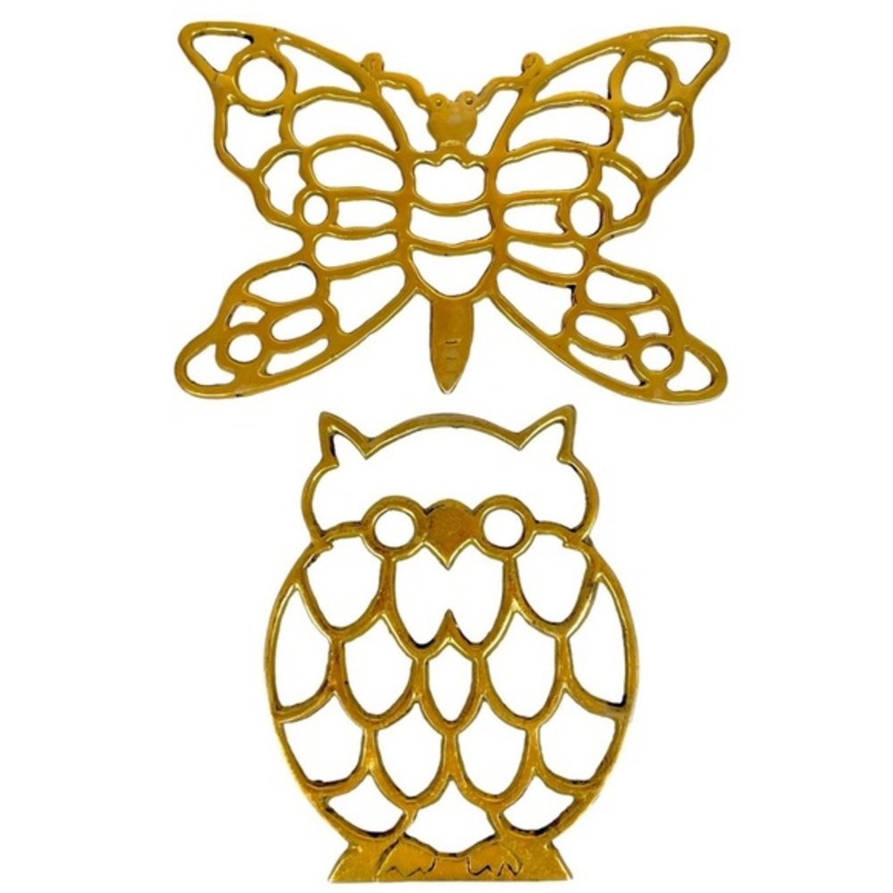 Vintage Brass Owl Butterfly Wall Decor Trivet Set Boho MCM Rustic Lot 2